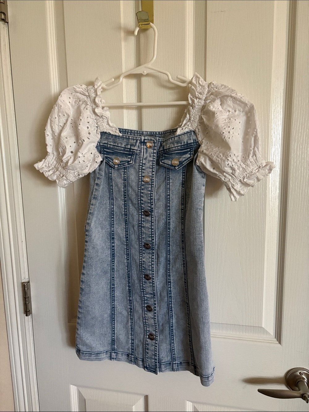 Truce White Eyelet Puff-Sleeve Denim Off-Shoulder Skirt Dress